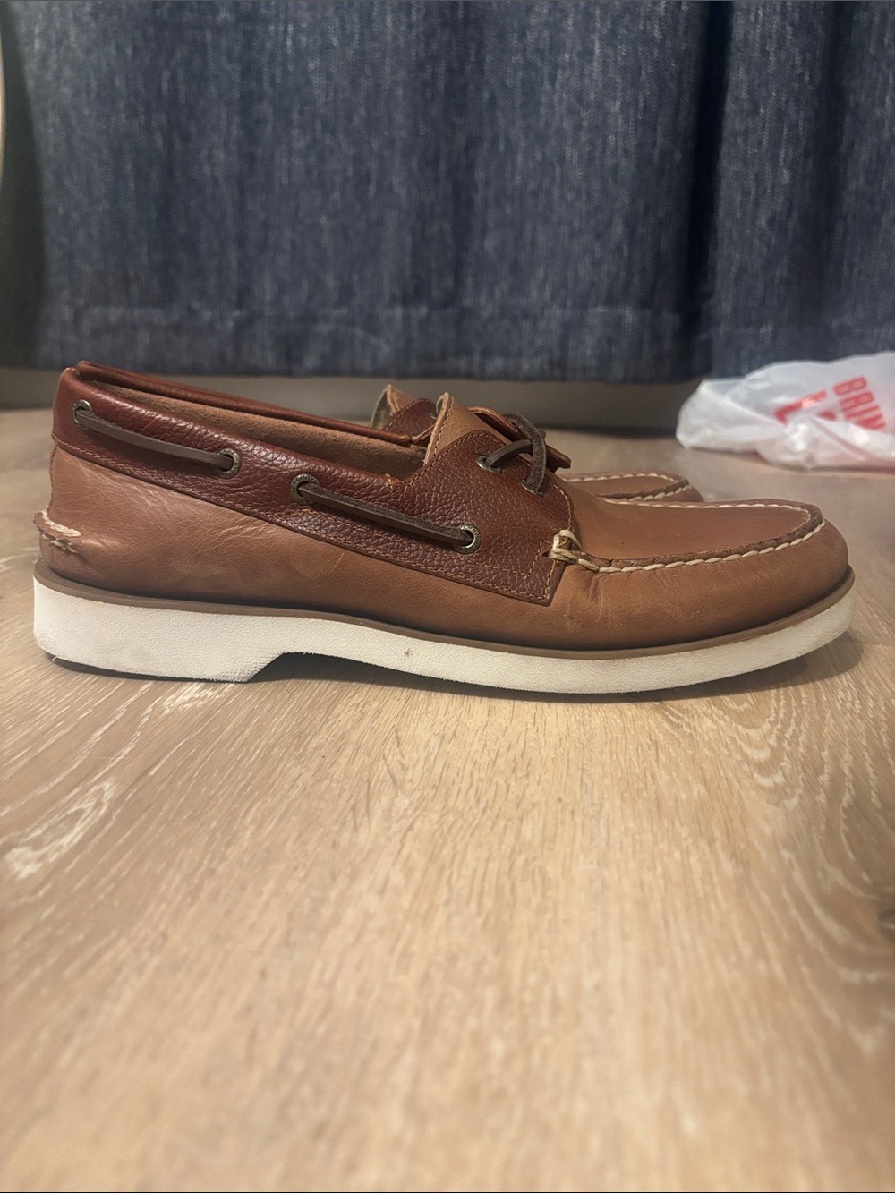 Sperry Men's Tan/Brown Leather Boat Shoes with White Sole